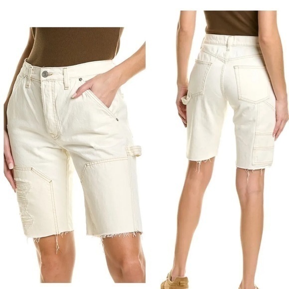 Frame Le Slouch Bermuda Off White Rips Jean Shorts Size 25 New - Picture 1 of 11
